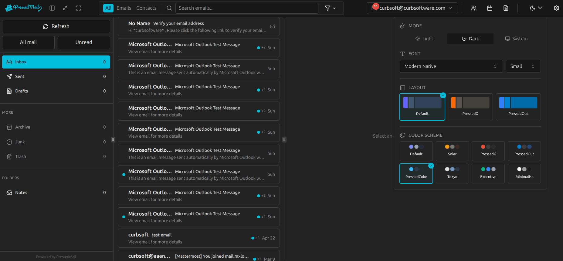 PressedMail inbox inside WordPress admin