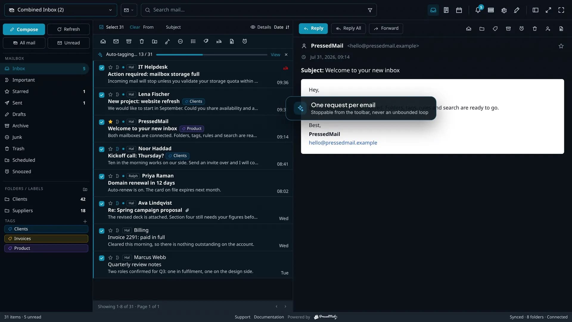 Tags applied to messages as they arrive in the PressedMail inbox