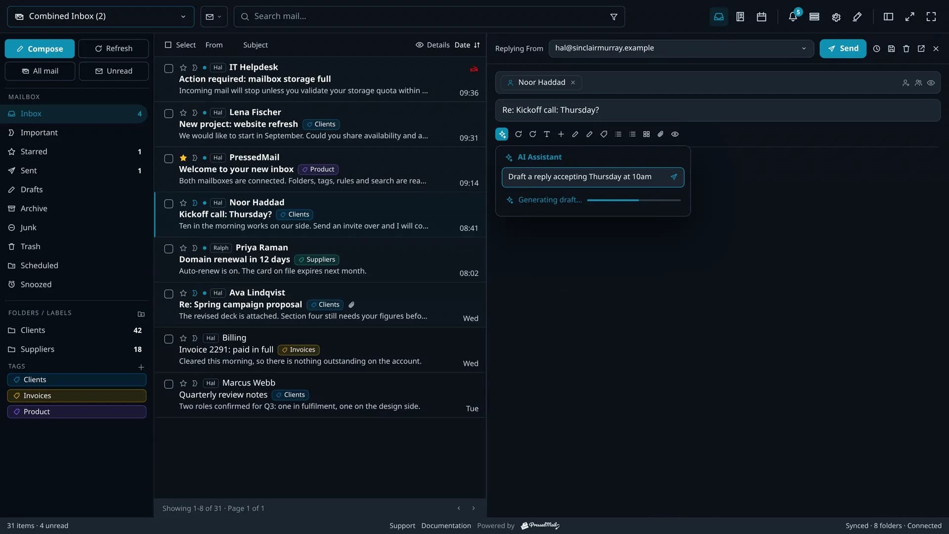 A reply streaming into the PressedMail composer from an instruction