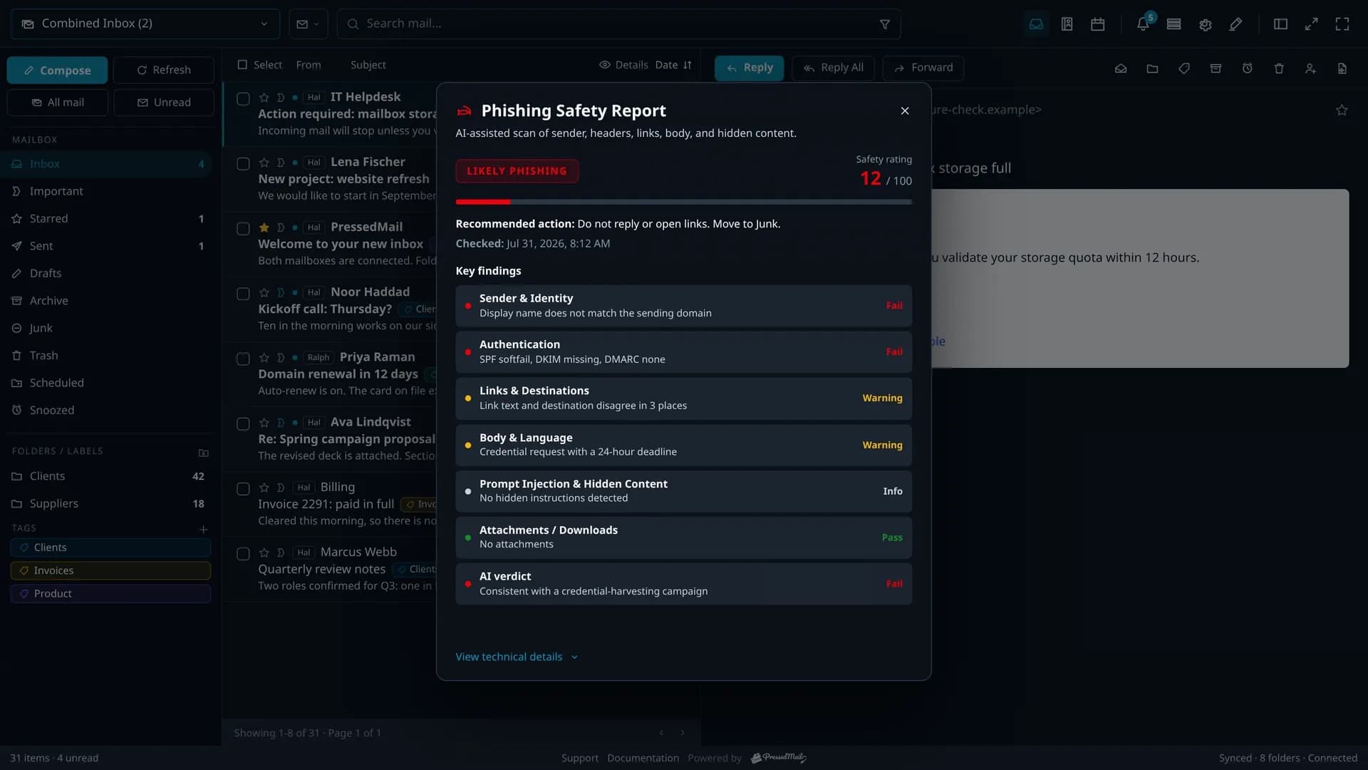 A suspicious message scored in the list, with its phishing report open