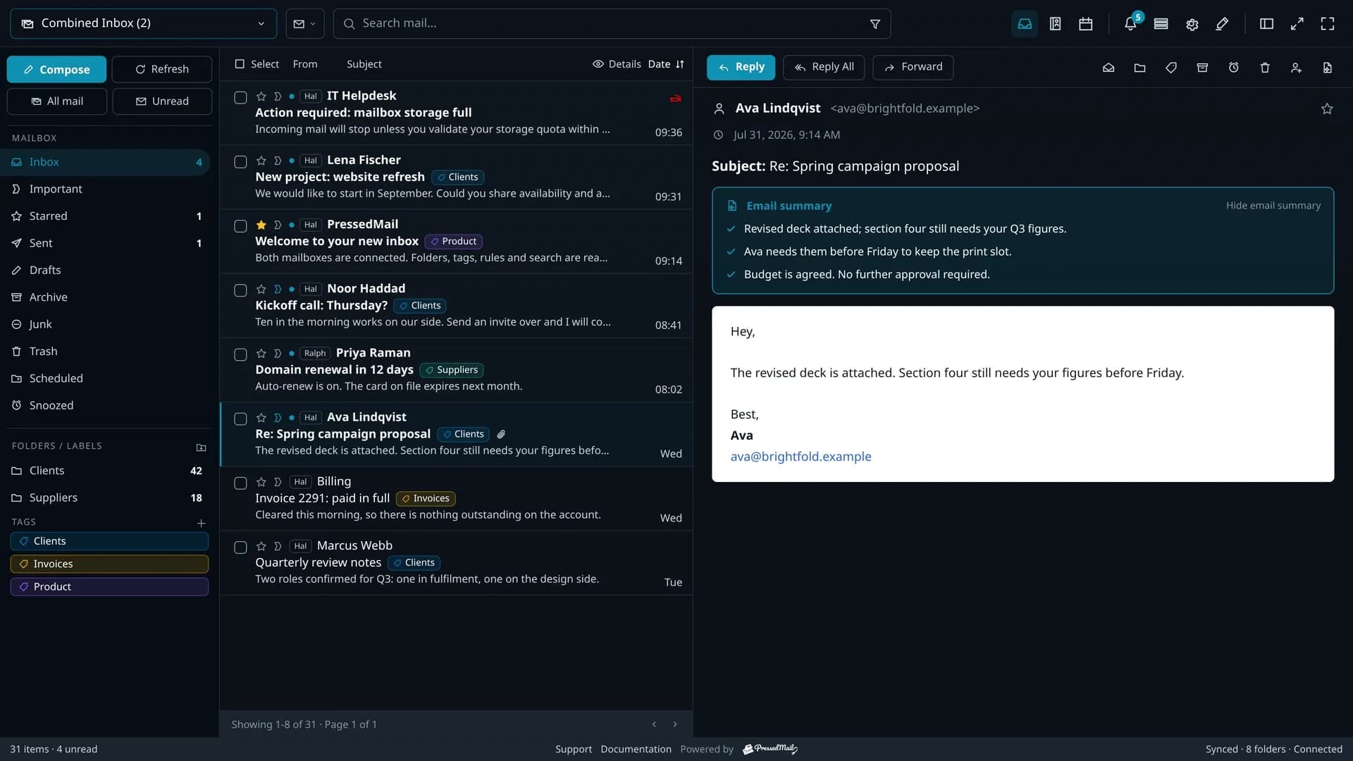A long thread compressed to a short summary in the reading pane