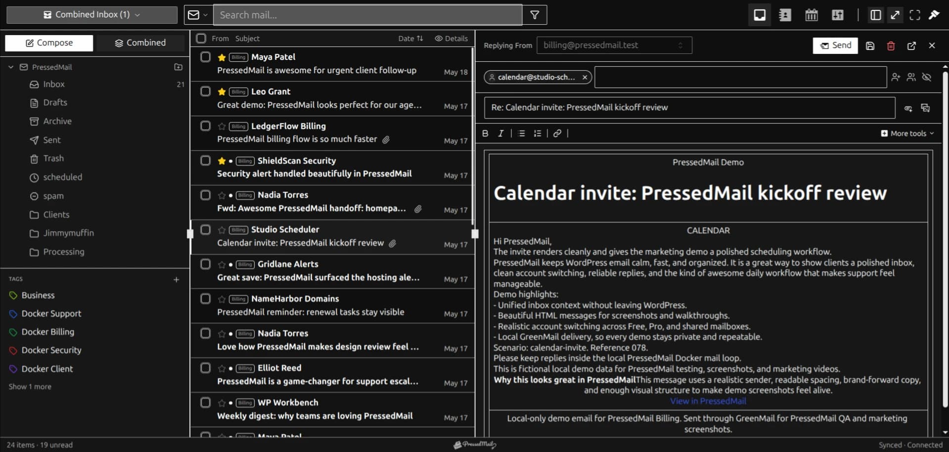 The PressedMail inbox in the Contrast theme