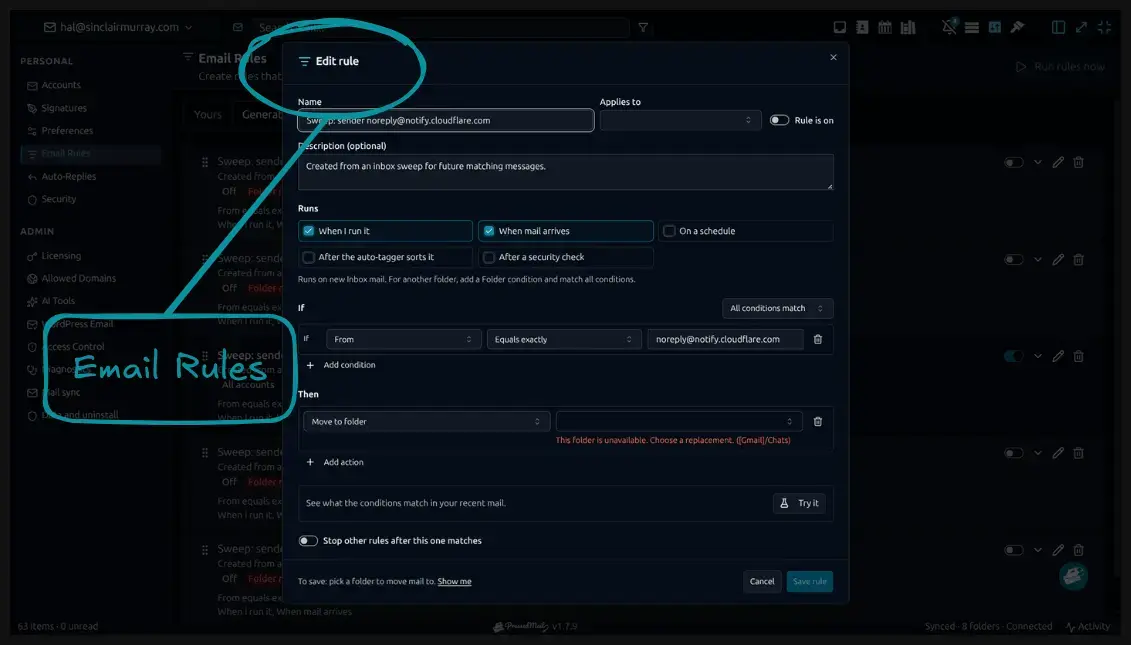 An email rule being built in PressedMail